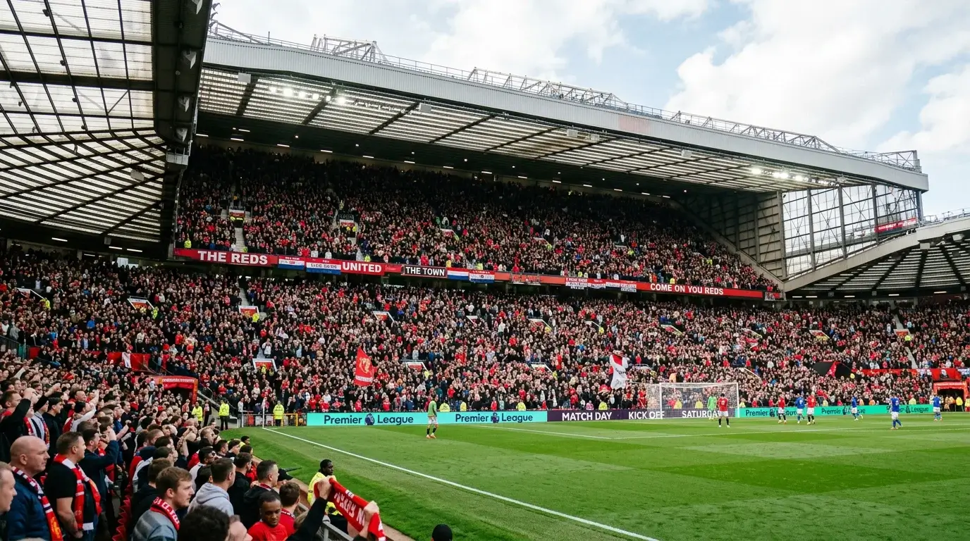 Vista aérea del estadio de la Premier League con aforo completo en partido de fin de semana